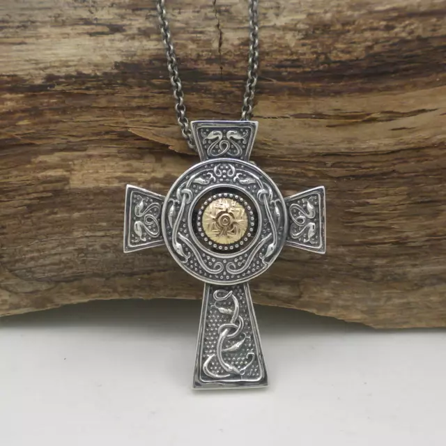 Large Sterling Silver Irish Celtic Cross Pendant with 18K Bead Wood Quay Boru
