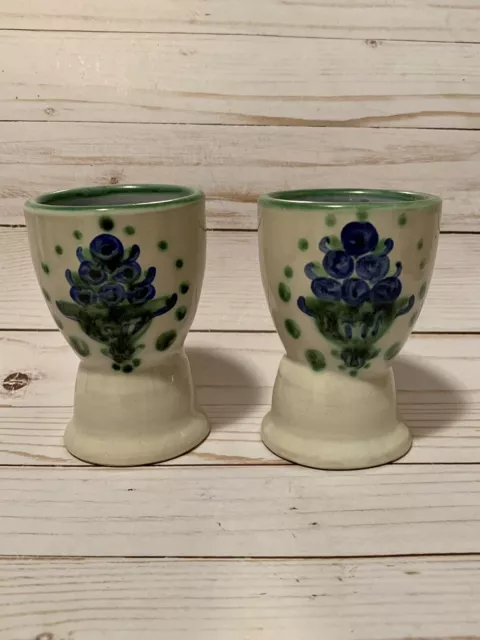 M A Hadley Pottery Two Large Double Egg Cups Bouquet Pattern 4.25” Tall