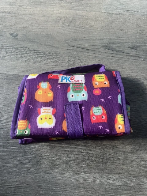Packit Freezable Lunch Bag Tote Purple with colorful owl print EUC