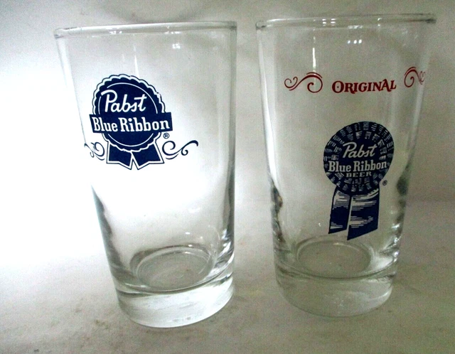 Vtg.  pair of Pabst Blue Ribbon Beer shell glasses  2 different logos