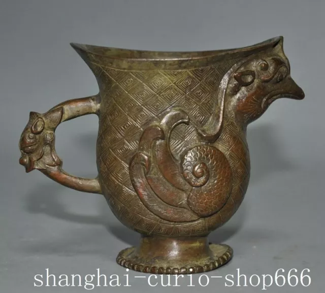 4.8"old China dynasty Ancient bronze dragon loong goblet wineglass cup Statue