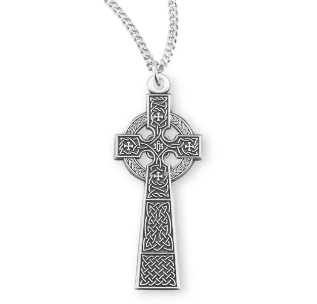 Sterling Silver Engraved Ornate Celtic Knotwork Cross Pendant Necklace, 18 In