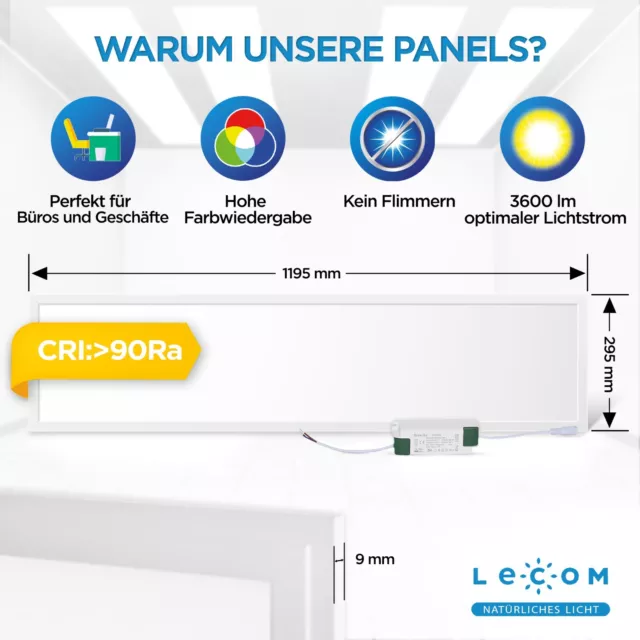 LECOM LED Panel Deckenleuchte 120x30 mit Trafo CRI 90 kein Flimmern Slim Rahmen