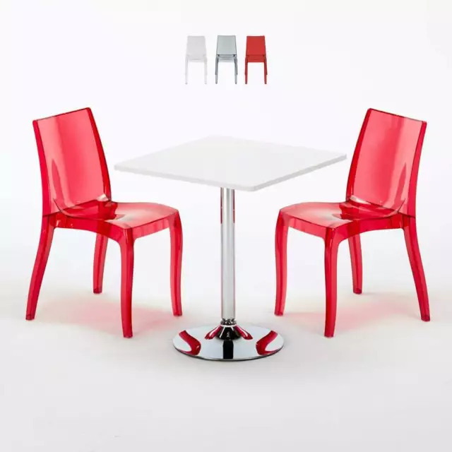 Table Carrée Blanche 70x70cm Avec 2 Chaises Colorées Et Transparentes Set Intéri