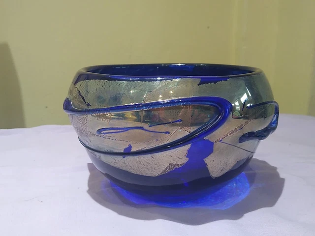 Greenhalgh Studio Rare Art Glass Blue & Gold Leaf Vase Bowl Signed