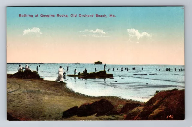 Old Orchard Beach ME-Maine, Bathing At Googins Rocks, Antique Vintage Postcard