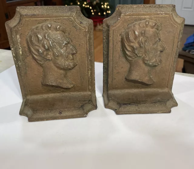 Vintage Pair Abe Lincoln Heavy Cast Iron Metal Bookends Gold/Bronze Toned 3 LB