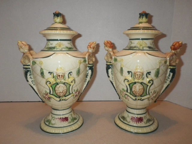 Two Matching Hand Painted Maruhon Ware Mermaid Cherub Angel Urns w/ Lids - Japan