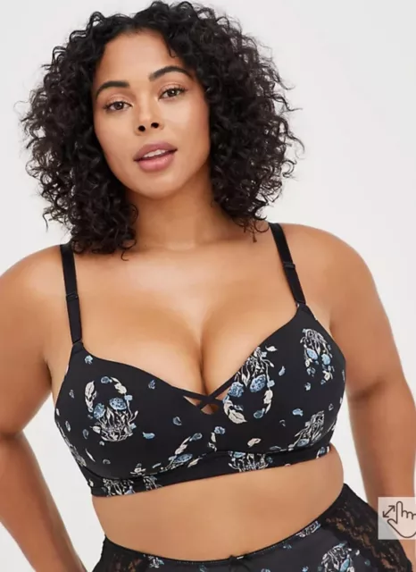 NWT Torrid 44B PUSH-UP WIREFREE BRA - FLORAL SKULL BLACK WITH 360 BACK SMOOTHING