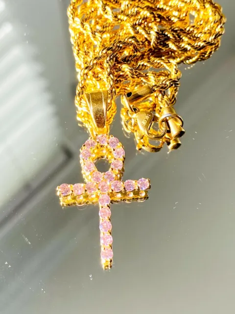 Ankh Pink Icy 14k Gold Finish Finish Chain & Pendant Set Life Time Warranty