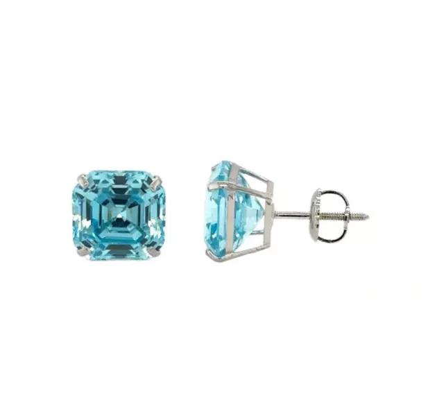 14K White Gold Asscher Cut Stud Earrings Screw Back