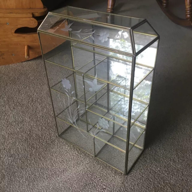 Vintage Etched Glass Brass Display Case Curio Cabinet Mirrored Back Wall Shelf