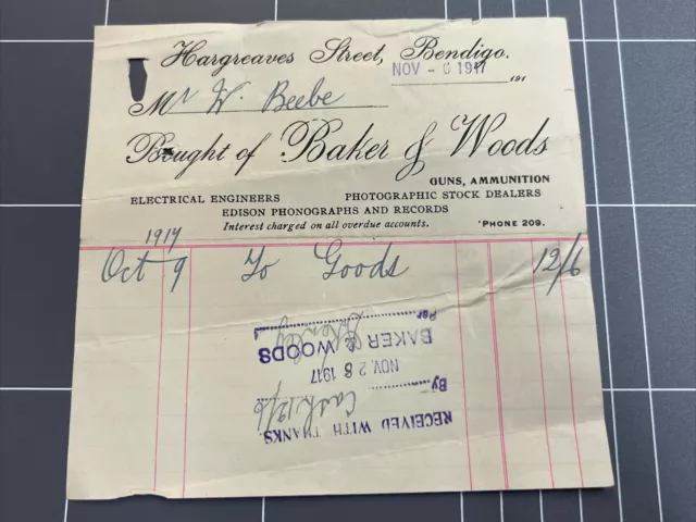 Vintage Receipt Baker & Woods Hargreaves St Bendigo Guns Ammunition Vic 1917