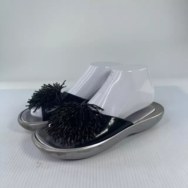 Robert Clergerie Black/Silver Slide Sandals US 9 B FURRY Pom Pom Mules Shoes