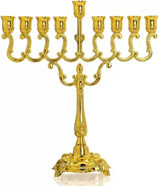 Hanukkah Menorah Ornament 9 Branch Gold Plated Jewish Candle Holder Candle Stand