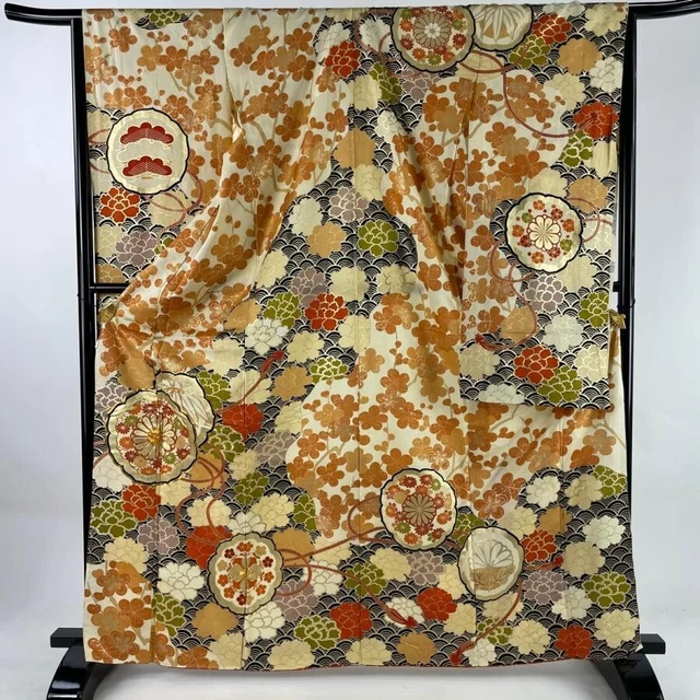 JAPANESE KIMONO FURISODE LONG SLEEVES LADIES WOVEN SILK Beige color 165cm