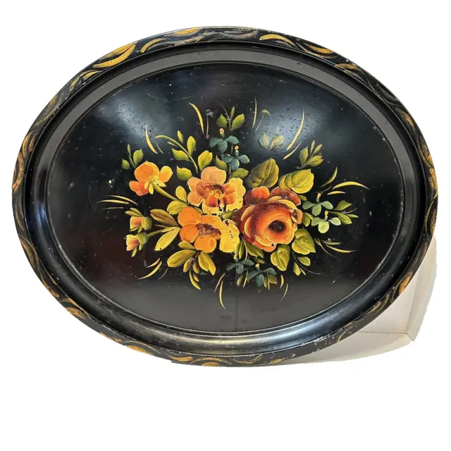 Antique Tole Black Metal Hand Painted Enamel Floral Oval Serving Tray 17.5 x 14"