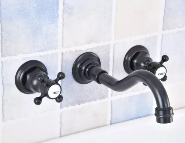 Oil Rubbed Bronze Wall Mounted Bathroom Sink Faucet Two Handles 3Hole Mixer Tap