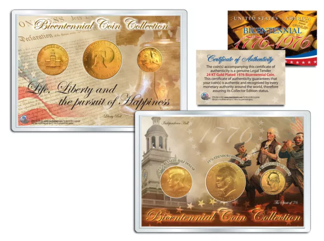 1976 BICENTENNIAL COIN COLLECTION 24K Gold Plated US 3-Coin Set QUARTER IKE JFK
