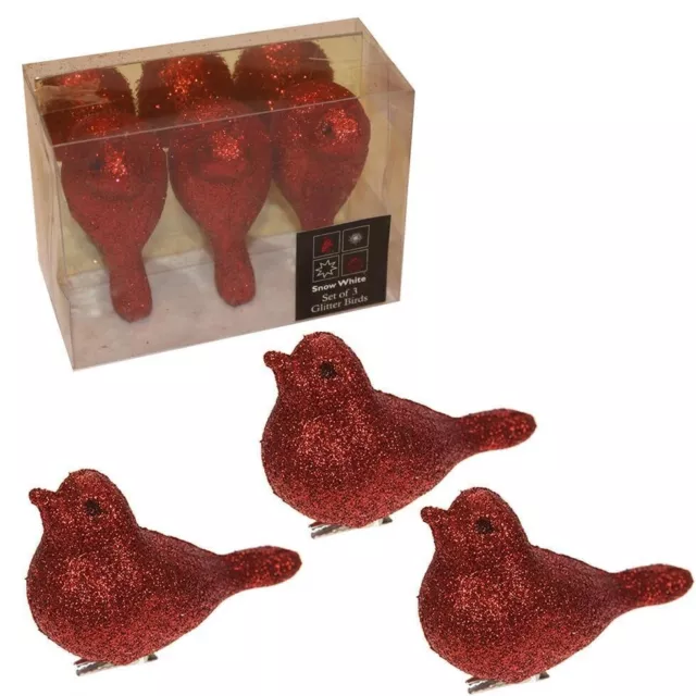 Red Robin Christmas Decoration 3 Pack 8cm Clip on Xmas Glitter Birds in Red