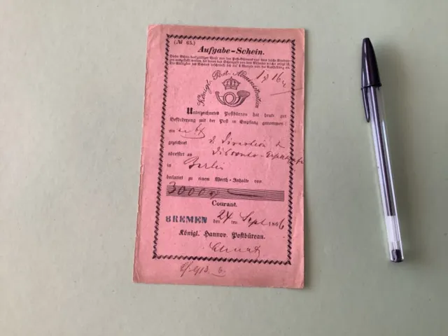 Kingdom of Hanover 1866 Bremen  postal deposit certificate Ref A1561