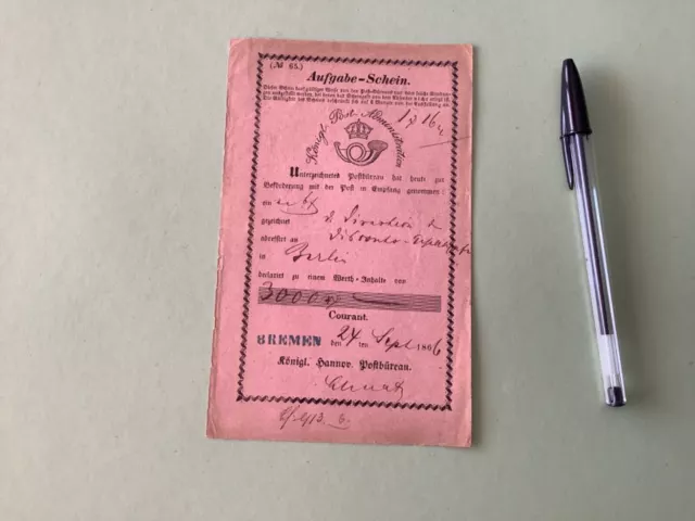 Kingdom of Hanover 1866 Bremen  postal deposit certificate Ref A1561