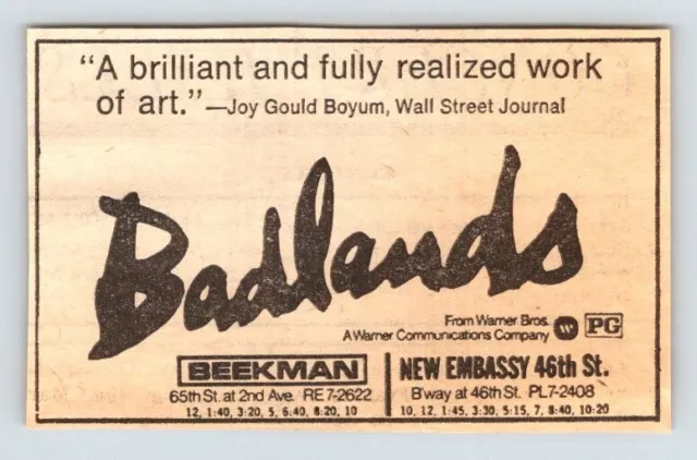1974 BADLANDS MOVIE AD Vintage 2"X3.5" Newspaper 1970's EBS24