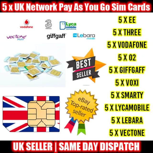 5 x UK Network Pay As You Go Sim Cards Three O2 VOXI EE Giffgaff Vodafone Lot