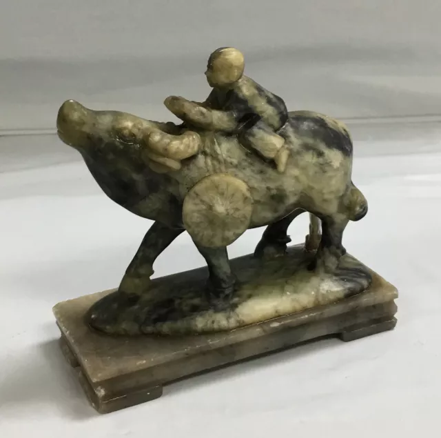 Antique Chinese Carved Thai Jade Figurine of Boy Riding Ox