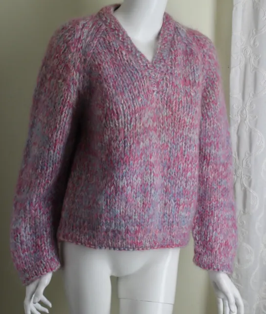 Vintage Nan Elliot 36 Women's XS S PINK THICK MOHAIR FLUFFY ICON V-Neck Sweater