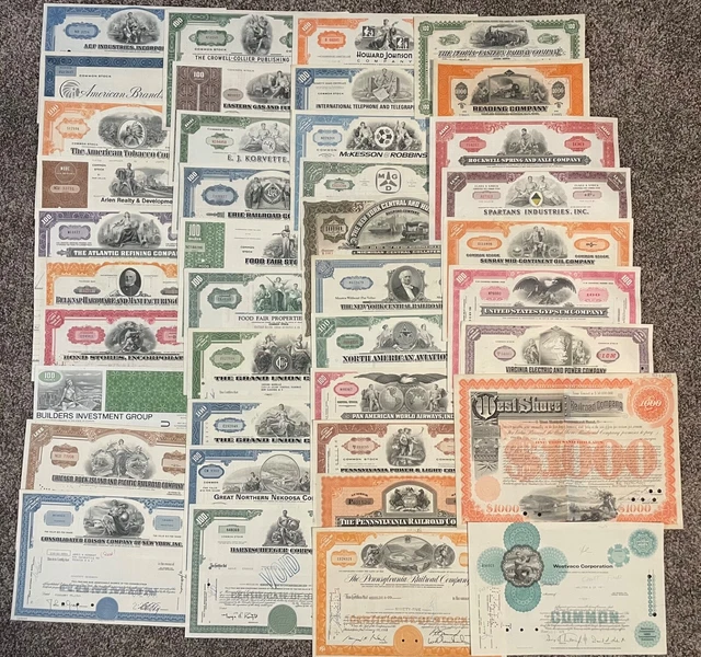 Lot of 40 Different Stock Certificates Various Industries Railroad Oil