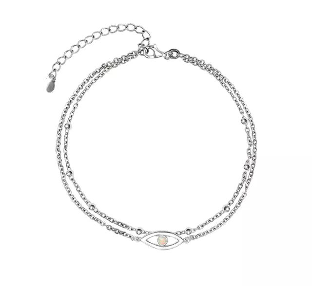 925 Sterling Silver Opal Layered Evil Eye Beaded Adjustable Anklet For Women