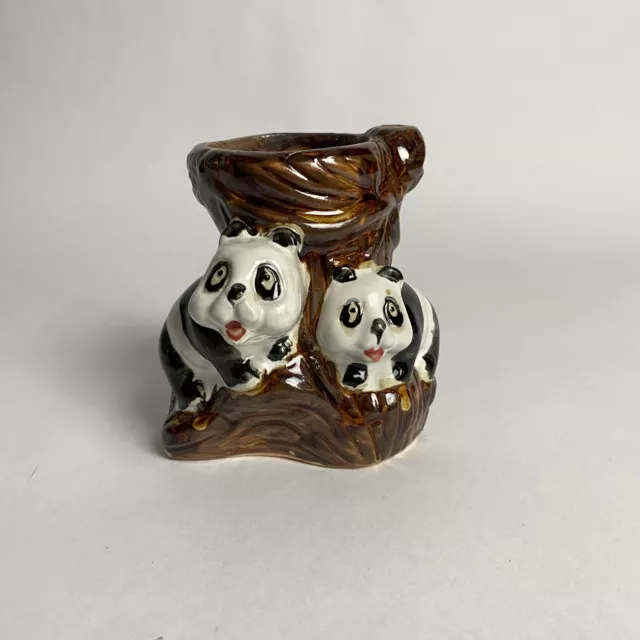 Vintage Ceramic Panda Bear Cub Bamboo Wood Trunk Planter Vase Mid Century
