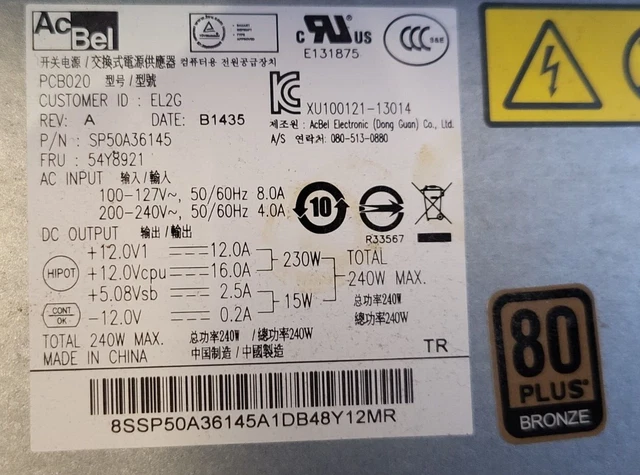 ACBEL PCB020 REV A SP50A36145 54Y8921 240W POWER SUPPLY (r2s2.1b3)