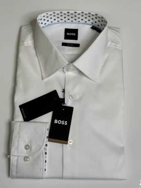 HUGO BOSS Mens Cotton Blend Contrast Trim Slim Fit Dress Shirt 16.5 Large White