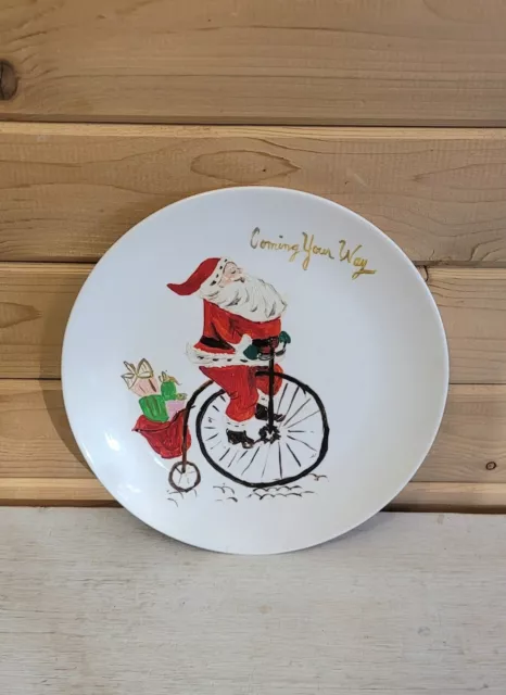 Vintage Handmade Hand Painted Christmas Acrylic Paint Plate Santa Unicycle