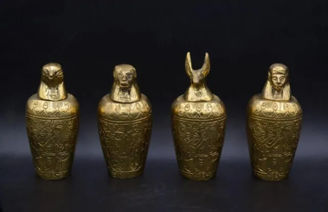 Unique Egyptian art heavy copper sons of Horus Set of 4 canopic jars.