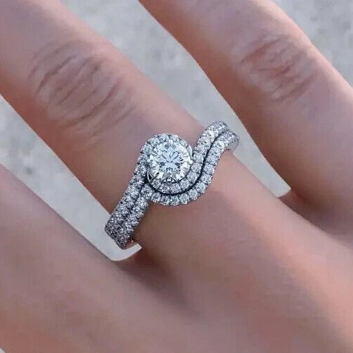 Moissanite 2.5Ct Round Cut 14K White Gold Plated Swirl Bypass Engagement Ring