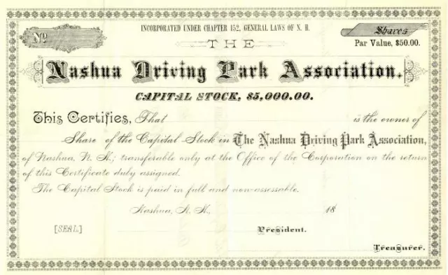 Nashua Driving Park Association - Stock Certificate - General Stocks
