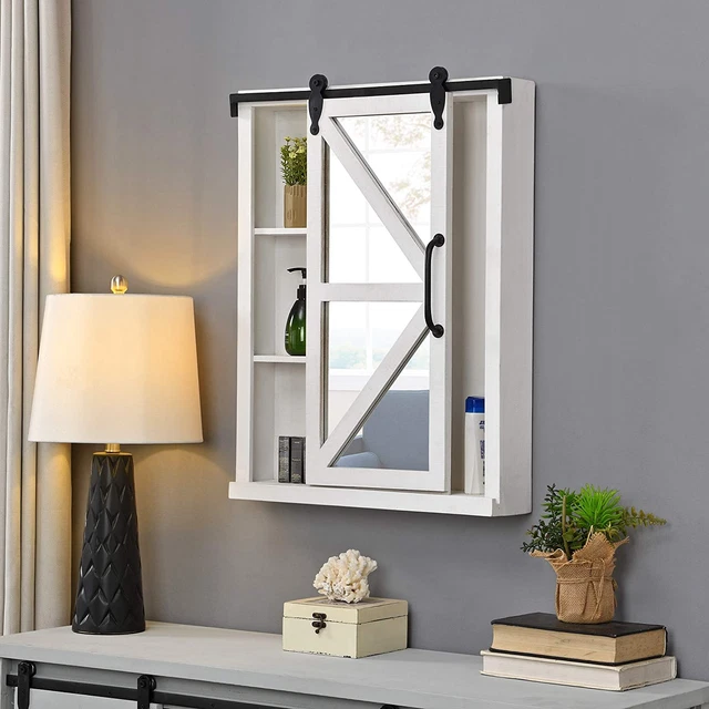 Firstime & Co. White Winona Farmhouse Barn Door Cabinet Mirror, American Designe