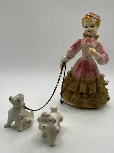 Vtg Pink Lace Girl Walking 2 Chained Poodle Dogs Figurine Missing Parasol