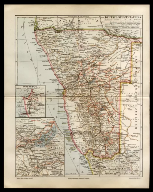 Original Landkarte 1909 Deutsch-Südwest-Afrika HERERO-Kämpfe Deutsche Kolonien