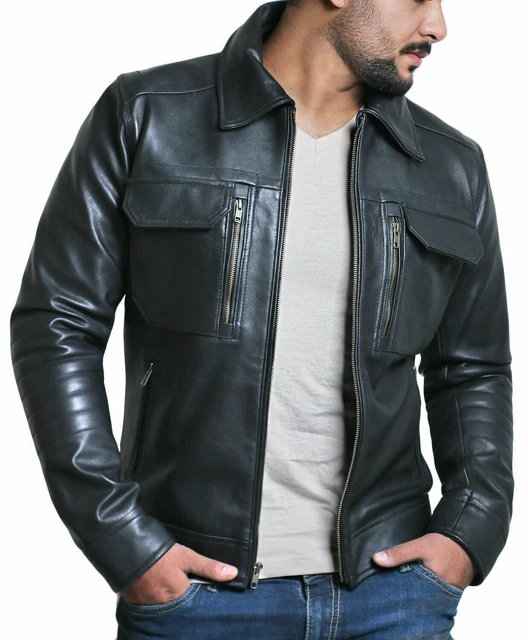 Uomo Giacca IN Pelle Nera 100% Originale Morbido D'Agnello Moto Biker