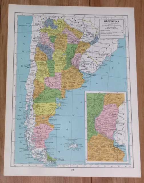 1950 Original Vintage Map Of Argentina / Verso Chile South America