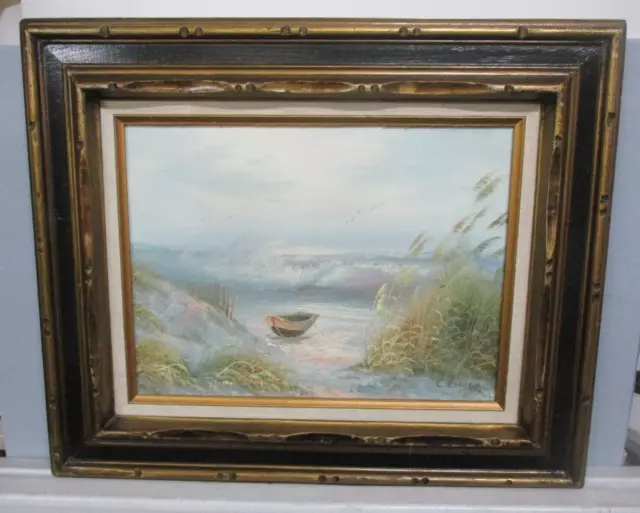 Vintage C Fisher "Beach And Boat Scene" Oil Painting - Framed