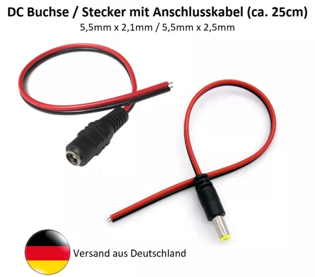 DC Steckverbinder mit Kabel, DC Buchse / Stecker mit Kabel (5,5x2,1 / 5,5x2,5mm)