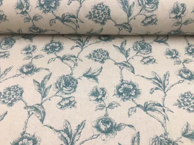Provencal Toile TEAL Blue Linen/Cotton 140cm wide Curtain/Upholstery Fabric