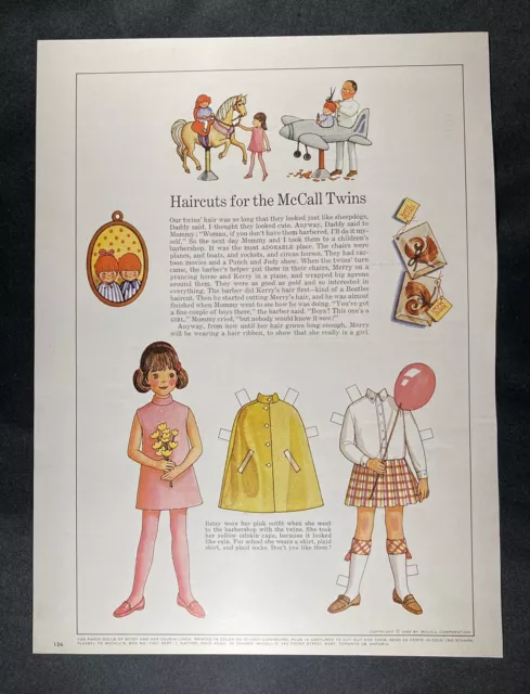 Vintage Betsy McCall Mag. Paper Doll, Haircuts for the Twins, March 1968, VTG