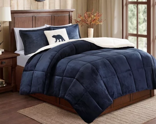 NAVY BLUE SHERPA PLUSH 4pc King COMFORTER SET : FAUX FUR CABIN BEAR FLEECE