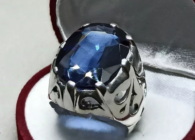 25 Ct Oval Cut Big Dark Blue Topaz Sterling Silver 925 Handmade Topaz Mens Ring